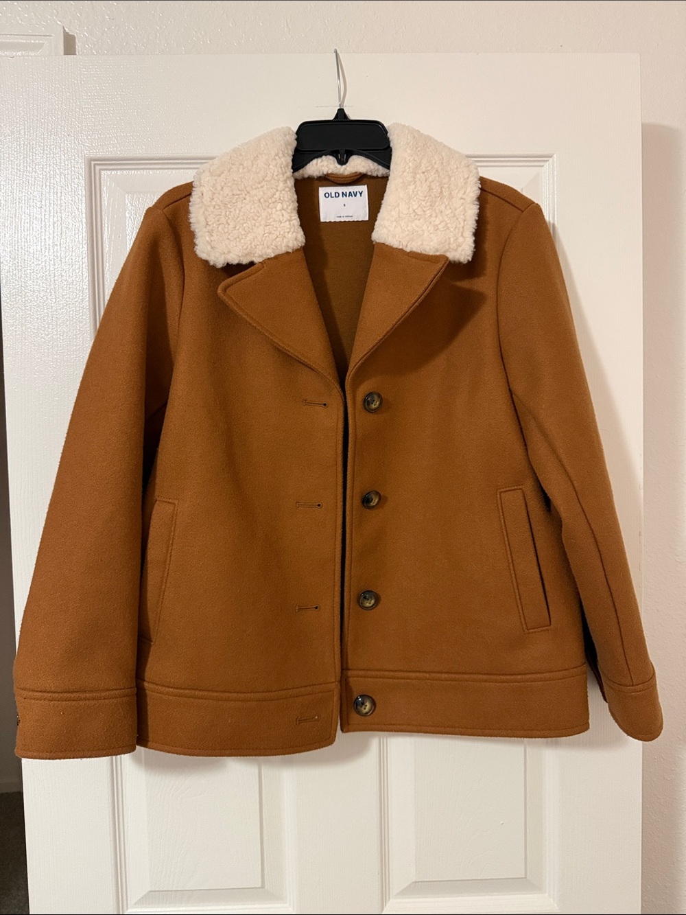 Old Navy Women’s Caramel Pea Coat with Cream Sherpa Collar